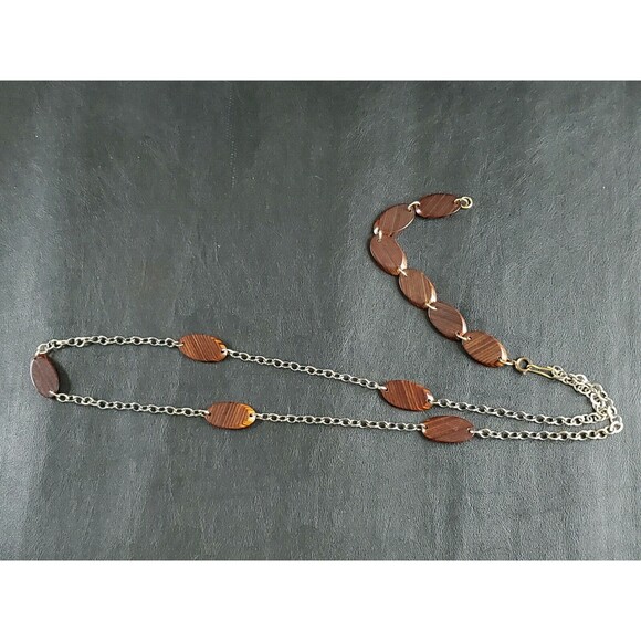 Vintage Extra Long Oval Wood Disc & Chain Boho Bohemian Layer Necklace - Picture 5 of 5